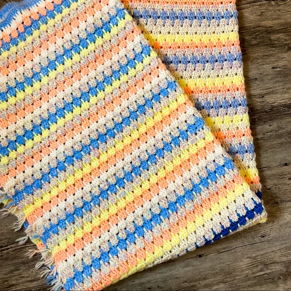 Vintage Other - Pastel & Blue Striped Handmade CROCHET Fringe Blanket